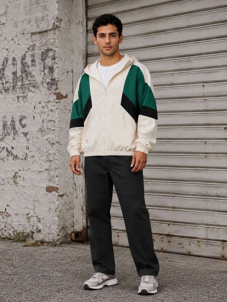 男友风男士撞色运动夹克，防风健身服，男友风男士春季款 - 米色 - 查看 7