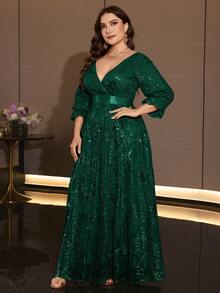 XUIBOL Elegant Plus Size Gold Sequin Evening Gown, Deep V-Neck, 3/4 Flare Sleeves, Waist Tie, Suitable For Formal Evening Occasions - Dark Green - View 6