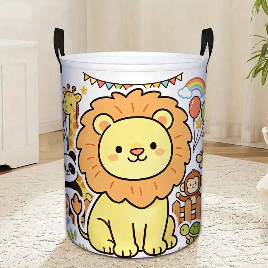 1pc Cute Zoo Animal Print Lion Giraffe Panda Monkey Storage Hamper Foldable Portable Laundry Basket Home Clothes Organizer Sundries Container Dorm Room Bedroom Closet Household Storage Solutions Decorative Fabric Bins - Multicolor - View 1
