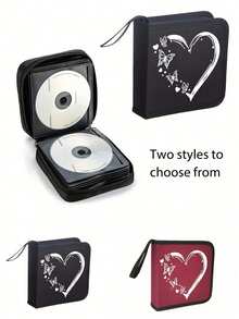 Heart Print CD/DVD Case, Portable CD/DVD Storage Binder Bag With Heart Pattern - Durable Zippered Disc Storage Bag With Soft Lining, Reinforced Stitching And Label Window; Multi-Purpose Media Storage Bag For Car, Home And Travel - Multicolor - View 1
