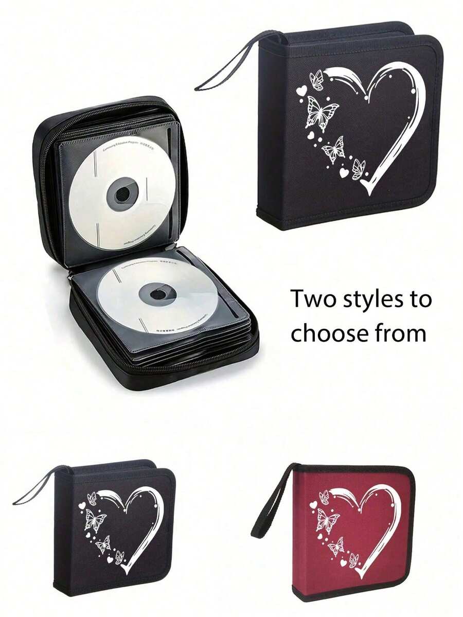 Heart Print CD/DVD Case, Portable CD/DVD Storage Binder Bag With Heart Pattern - Durable Zippered Disc Storage Bag With Soft Lining, Reinforced Stitching And Label Window; Multi-Purpose Media Storage Bag For Car, Home And Travel - Multicolor - View 1