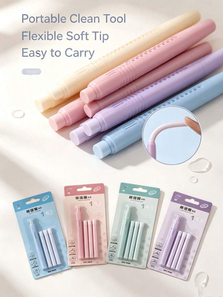 Automatic Press Design Push And Pull Rubber Eraser With 3 Replacement Refills, Great For Students, School, Office Use, Cute And Portable(Random Style Shipping) - Multicolor - View 1