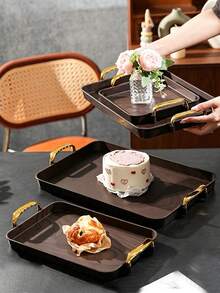 Walnut Wood Grain Tray, Thickened PET Rectangular Tray With Handles, Plastic Storage Tray, Suitable For Tea Cups, Water Cups, Snacks, Fruits, Dried Fruits, Candy Storage - Wood Grain - View 3
