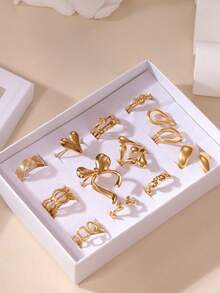12PCS Exaggerated Elegant 18K Gold Plated Stainless Steel Heart Flower Geometric Crown Bow Rings Jewelry Box Set Gift Box Packaging Suitable For Women Daily Wear And Gifting - Gold - View 11