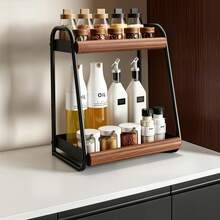 Kitchen Countertop 2-Tier Spice Rack, Iron & Wood Grain Design, Home Oil, Salt, Soy Sauce, Vinegar Seasoning Bottle Storage Organizer, Multifunctional Desktop Spice Organizer Rack - Multicolor - View 3