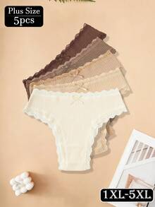 5pcs Plus Size Women's Panties, Bow Design, Lace Trim, Ribbed, Comfortable Soft, High Quality Earth Tone - Multicolor - View 5