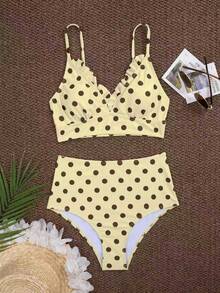 New Summer Women's Polka Dot Print Elegant 2 Pieces Bikini Set, With Ruffle Lace, Suitable For Beach Vacation - Cream - View 1