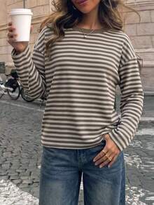 Women's Long Sleeve Striped Pattern Crew Neck Fashion Casual T-Shirt - Khaki - View 4