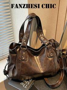 Vintage Distressed Große Kapazität Batik PU Tragetasche Mit Nieten Ring Schnalle Dekor, Verstellbarer Griff Und Abnehmbarer Umhängegurt, Weiche Struktur, Maillard Farbpalette, Vielseitige Handtasche Für Arbeit, Einkaufen Und Reisen - Braun - Übersicht 2