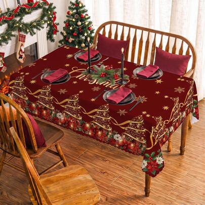 1 pièce Nappe rectangulaire imprimée sapin de Noël, flocon de neige et poinsettia, convient pour les fêtes, les anniversaires, les dîners, la décoration de table de restaurant, la décoration de Noël pour la maison en automne/hiver