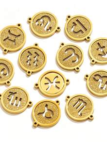 1/5pcs Zodiac Connector Pendant, 18K Gold Plated 304 Stainless Steel Double Hole Zodiac Pendant, Non-Fading DIY Jewelry Accessories - Zodiac Connector Ring - View 5