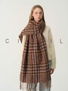 1pc Women's Fashion Versatile Plaid Multicolor Patchwork Polyester Scarf, Warm For Autumn/Winter, Daily Wear - Blue Camel - View 9