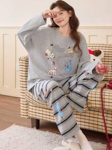 2pcs/Set Women's Pajamas Loungewear Set, Cute Animal Print Pullover Round Neck Casual Long Sleeve Cropped Pants, Comfortable For Home Wear - Grey - View 9