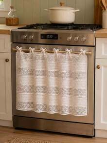 White Floral Lace Oven Curtain, Tie-Up Ruffle Short Kitchen Tier Curtain, Farmhouse Style Decorative Cover, Suitable For Oven, Open Cabinet, Small Window, Country Home Decor - Apricot - View 1