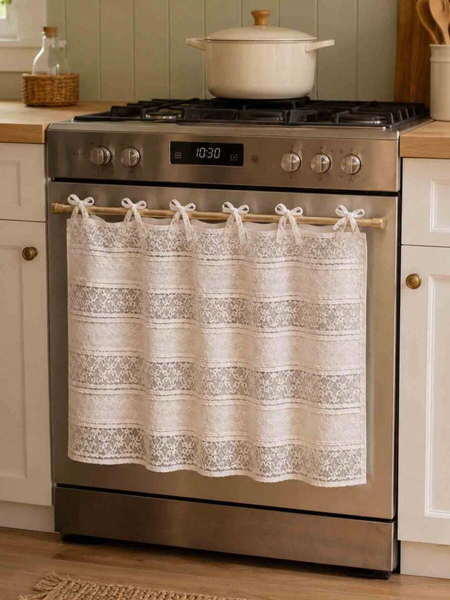 White Floral Lace Oven Curtain, Tie-Up Ruffle Short Kitchen Tier Curtain, Farmhouse Style Decorative Cover, Suitable For Oven, Open Cabinet, Small Window, Country Home Decor - Apricot - View 1