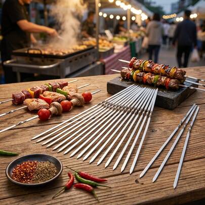 50 Pcs 304 Stainless Steel BBQ Skewers For Grilling, Reusable Metal Kabob Sticks For Outdoor Camping Backyard Barbecue