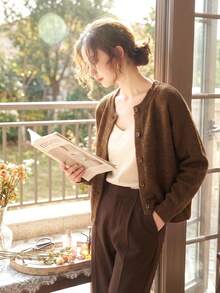 優雅女款秋冬時尚休閒簡約寬鬆針織圓領長袖開襟毛衣上衣 開學季外套 - 黃花杏 - 查看 6