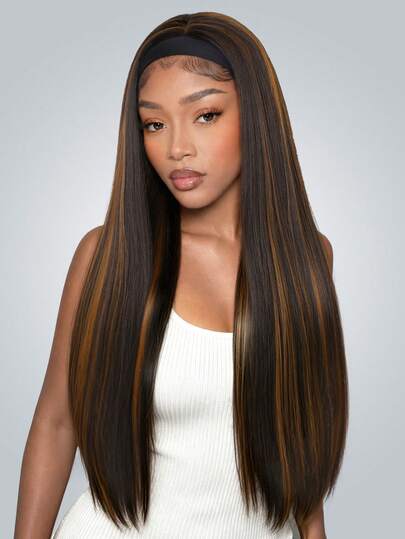 Synthetic Headband Wig For Women Half Wig Black Mixed Brown Highlight Wig Wear And Go Glueless Wig Long Straight Heat Resistant Fiber Daily Party 26 Inch