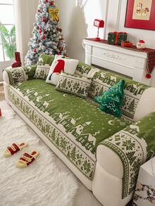 1PC Green Christmas Decorative Chenille Sofa Cushion, Anti‑Slip All‑Season Sofa Protector Cover, Machine Washable For Living Room Bedroom Home Decoration - Green - View 4