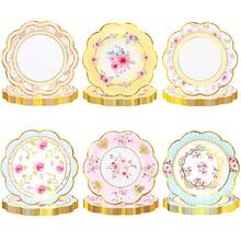 10pcs/60pcs/120pcs 7.28 Inch Floral Paper Plates, 6 Styles Gold Foil Rimmed Party Paper Plates, Pink/Blue/Yellow/White Flower Decor Paper Plates Suitable For Wedding, Bridal Shower, Birthday Tea Party, Paper Plates For Appetizers, Desserts, Snacks, Suitable For Large Gatherings - Multicolor - View 3