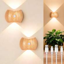 4pcs/2pcs Rechargeable Motion Sensor Wall Light Sconce Indoor - 3 Colors Wireless Up And Down Wall Mount Light, Battery Operated Wall Sconces Set Of Two For Hallway, Staircase, Bedroom, Bathroom(Wood) - Wood - View 9