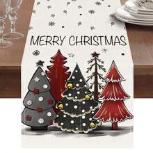 1pc Merry Christmas Table Runner, Christmas Tree Print Linen Texture Tablecloth, Holiday Decor Table Cloth, Suitable For Dining Table, Home Party Decoration - Multicolor - View 1