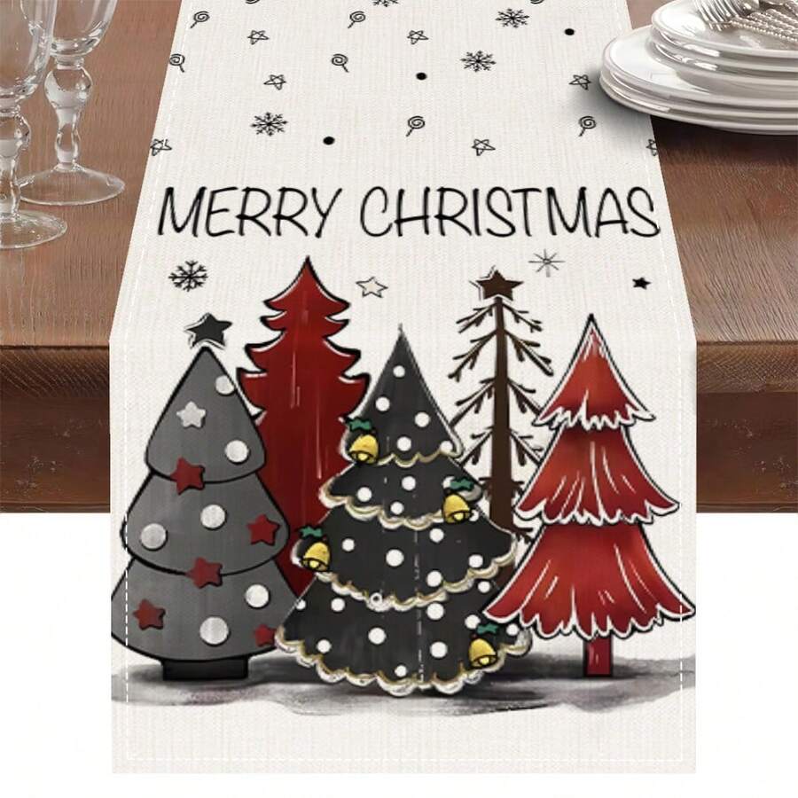 1pc Merry Christmas Table Runner, Christmas Tree Print Linen Texture Tablecloth, Holiday Decor Table Cloth, Suitable For Dining Table, Home Party Decoration - Multicolor - View 1