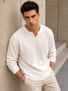 Blueprint Man 1pc Men's Apricot Small V-Neck Long Sleeve Sweatshirt, Vertical Textured Fabric, Soft And Comfortable Touch, 3D Texture, Loose Drop Shoulder Fit, Relaxed And Casual Style, Suitable For Wearing Alone Or Layering, Daily Commute Old Money Style - Apricot - View 2