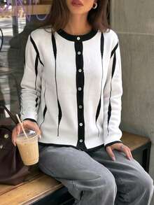Women's French Minimalist Line Jacquard Knit Cardigan, Round Neck Contrast Ribbed Trim Long Sleeve, Versatile Short Cardigan For Early Autumn Casual Outings - Black and White - View 4