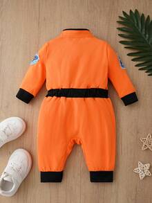 Interstellar Exploration Style Newborn Jumpsuit, Contrast Color Webbing Badge Decor Infant Long Sleeve Jumpsuit - Orange - View 5