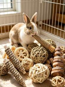 Happy Pet 10pcs Set Teething Toys, Hamster Rabbit Teething Toys, Handmade Teething Toys, Rabbit Bird Teething Toys, Dental Cleaning Toys, Multi-Piece Set, Small Animal Teething Gifts - Multicolor - View 2