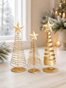 3pcs/Set 20cm Shiny Gold Christmas Tree Desktop Decor, Five-Pointed Star Christmas Tree Ornament, Suitable For Desk, Fireplace Mantel, Holiday Party, Winter New Year, Room, Living Room, Home DIY Decoration - Gold - View 3