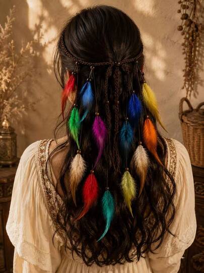 Headdress Bohemian Vintage Blue Feather Tassel Headband Adjustable Hair Accessories For Women Vacation Jewelry