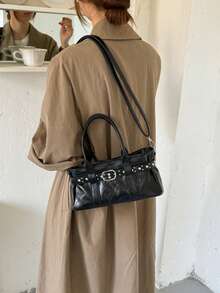 1 buah Tas Tangan Rivet Gaya Jalanan Vintage PU Hitam, Tas Selempang Bahu Dekorasi Sabuk Modis, Tali Bahu yang Dapat Dilepas, Cocok untuk Belanja dan Penggunaan Sehari-hari - Hitam - View 5