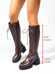 Vintage Lace-Up High-Top Boots, Thick Sole Chunky Heel Stable Height Increase, Adjustable Lace-Up Fit, Suitable For Daily Commute, Street Photography, Travel Outfits, Autumn/Winter Women's Riding Boots - Brown - View 7