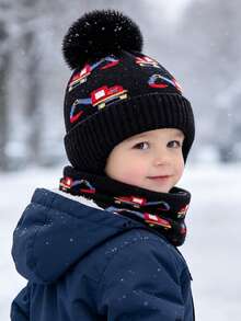 Kids Hat & Scarf Set, Boys Winter Thermal Lined Earflap Beanie, Windproof Warm Baby Pullover Cap, - Excavator 2-piece Set - View 7