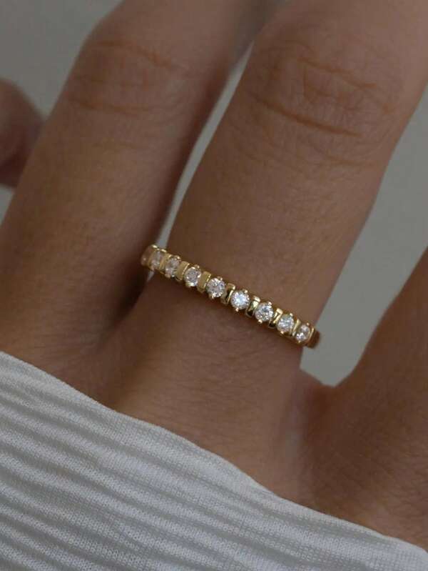 1 Pc Gold Tone Clear Cubic Zirconia Eternity Band Ring, Elegant Round CZ Full Paved Stackable Ring For Women, Daily Party Jewelry Gift