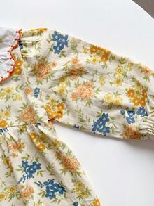 Girls' Spring/Autumn New Ditsy Floral Dress, Yellow & Blue Embroidered Peter Pan Collar Lace Trim Long Sleeve Princess Dress - Yellow - View 5