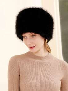 1PC Solid Color Elegant Casual Polyester Faux Fox Fur Round Top Flat Top Bucket Hat For Women, Warm, Versatile, Face-Slimming, Winter - Multicolor - View 5