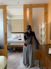 Women's New Autumn Ruffle Hem Premium Lazy Casual Sweatpants, Draped Slimming Wide Leg Straight Pants - Grey - View 5