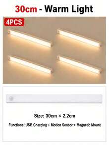 4 قطع شريط إضاءة LED دافئ USB 10/20/30/50 سم مع مستشعر حركة - شريط إضاءة LED بمستشعر حركة لاسلكي، إضاءة تحت الخزانة، مصباح ليلي مغناطيسي قابل للشحن قابل للالتصاق للممر وخزانة المطبخ والرف والخزانة وديكور المنزل - متعدد الألوان - مشاهدة 20