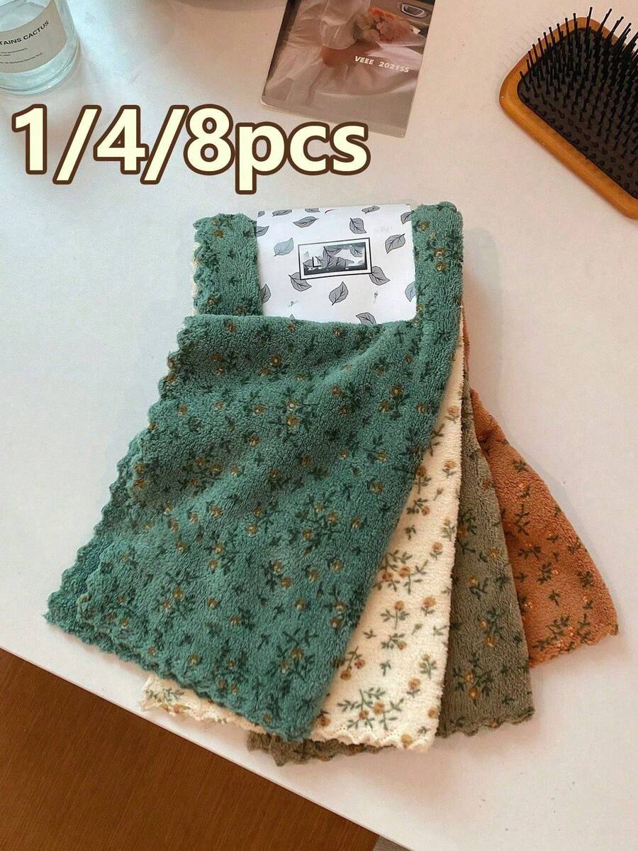 1/2/4/6/8pcs Floral Pattern Cleaning Cloths, Quick-Drying Thickened And Widened Kitchen Towels, Soft And Breathable, Suitable For Bath Towels, Car Polishing Pads And Glassware Cleaning, Square Towels - Multicolor - View 1