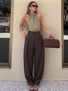SMILE CHIC 2026 Autumn/Winter New Back To School Season Vintage Versatile Curved Pleated Wide-Leg Pants, Simple Tailored Cut, Height-Enhancing And Slimming - Khaki - View 3