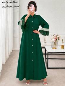 Elegant Autumn Green Long Dress, Collared Front Button Long Sleeve, Ruffle Cuff, Sequin Embroidery Contrast Lace Patchwork, Suitable For Wedding - Dark Green - View 2
