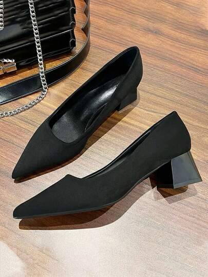 Minimalist Commuter Professional Style 2026 New Women's Pointed Toe Chunky Heel Mid-Heel Low Vamp Pumps Soft Sole Comfortable Long-Standing Fatigue-Free Stable Foot Black Matte Suede Low Vamp Chunky Heel Formal Shoes Workplace Office Commute Business Workwear