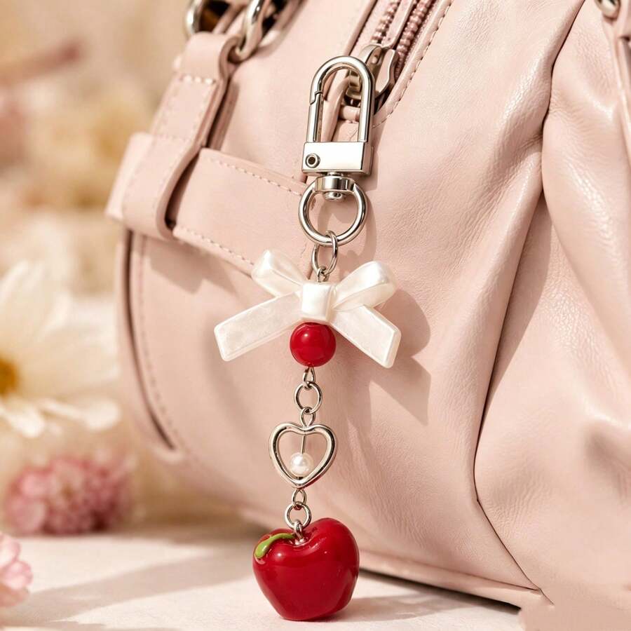 1件女款新款趣味蘋果蝴蝶結鑰匙圈，可愛水果手機吊飾包掛件，甜美少女風 - 紅色 - 查看 1