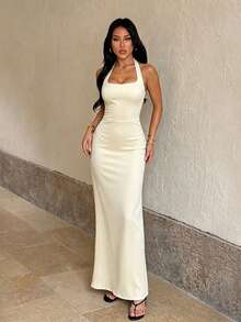 1pc Solid Color Elegant Knitted Fabric Sleeveless Dress Beach Summer - Yellow - View 3