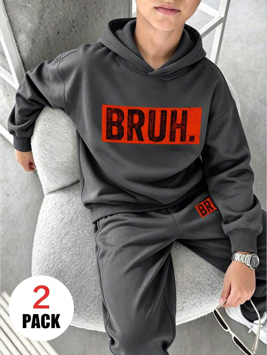 2件組男孩休閒套裝,包含「BRUH」印花連帽衛衣+寬腿褲套裝,柔軟舒適,適合秋冬穿著 - 深灰色 - 查看 1