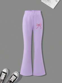 2pcs/Set Girls Round Neck Sweatshirt Set, Printed With Bows And English, Paired With Casual Flared Pants, New Comfortable Autumn/Winter Outfit - Purple - View 6