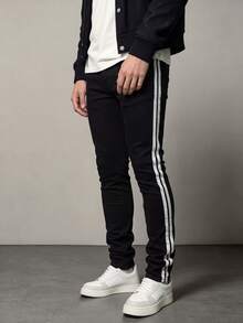 American Retro Slim Straight Fit Jeans, Pure Black With White Side Stripes, Slim Men's Casual Stretch Denim Long Pants - Black - View 4